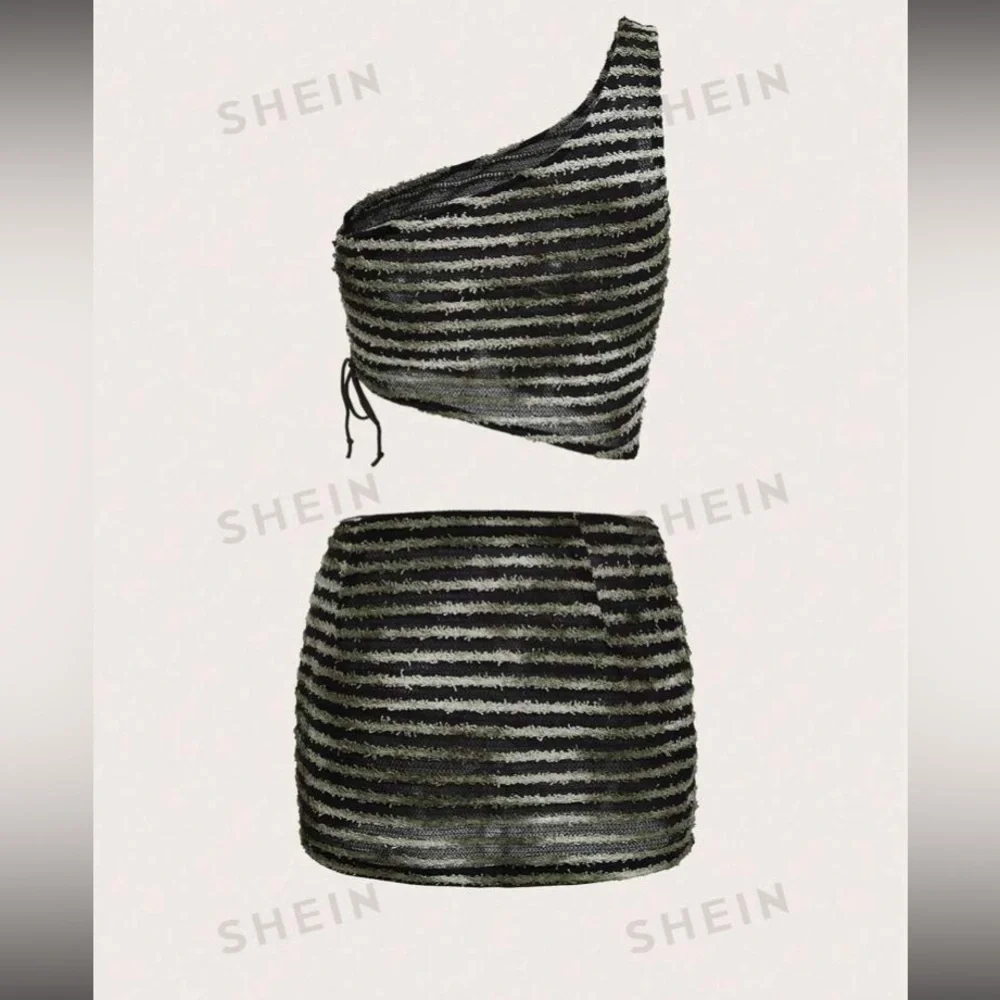 SHEIN ICON Striped One Shoulder Drawstring Side Crop Top & Skirt size M NWT - Picture 7 of 15